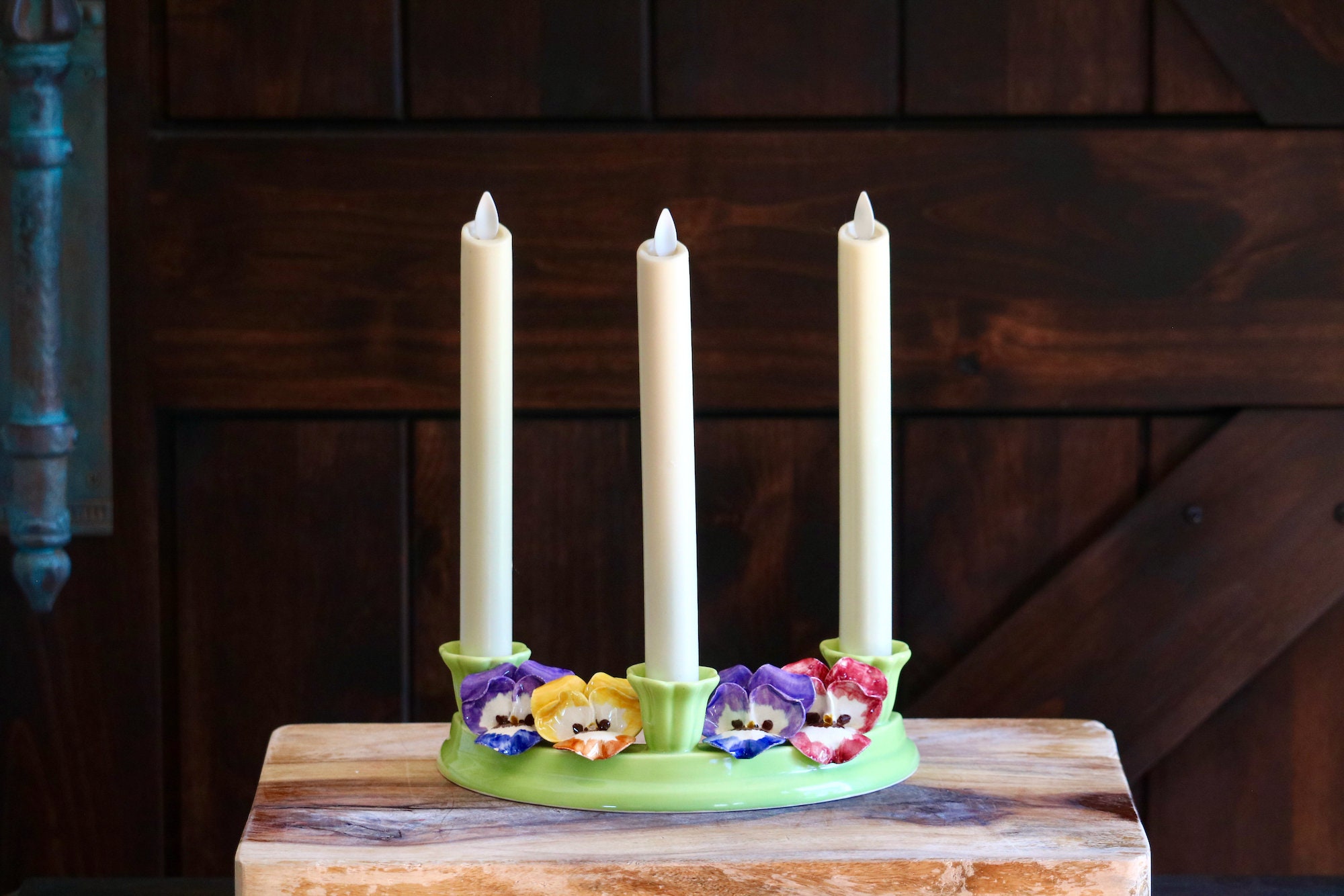 Vintage Lime Green Taper Candle Holder With 3D Pansy Flowers Etsy