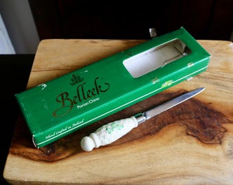 Vintage Belleek Letter Opener, Retro Desk Decor, Irish Porcelain Handled Letter Opener with Basket Weave Pattern and Shamrock Design, IOB
