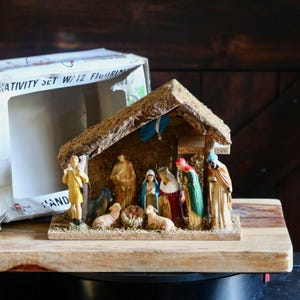 Wooden Nativity Set with Plastic Figurines, Vintage Christmas Decor, Holy Family with Wisemen, Shepherd, Sheep & Donkey, Nostalgic Holiday