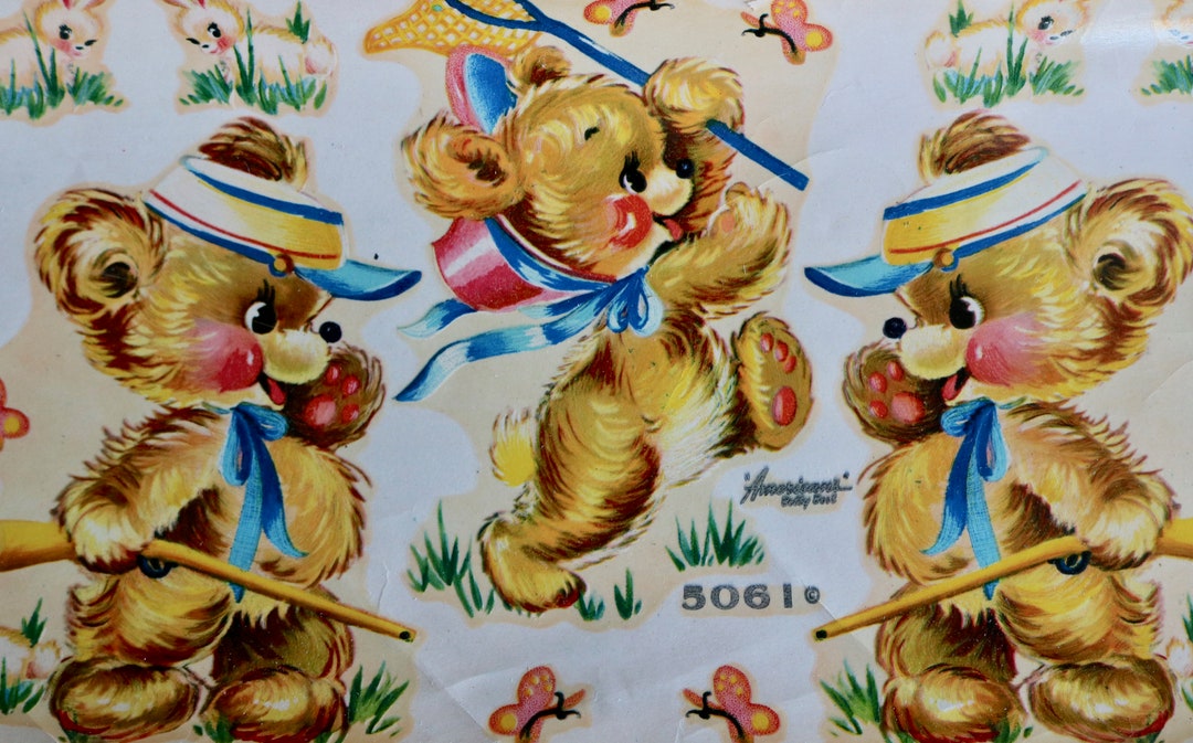 Vintage Animal Decals, Bear Bunny and Butterfly Sticker Sheet, Retro