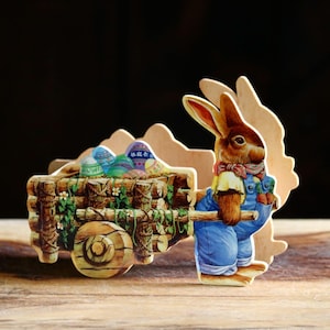 Kitschy Wooden Bunny Candy Container, Cute Easter Decor, Brown Bunny in Overalls hauling Wagon of Easter Eggs, Collector Gift, Grannycore