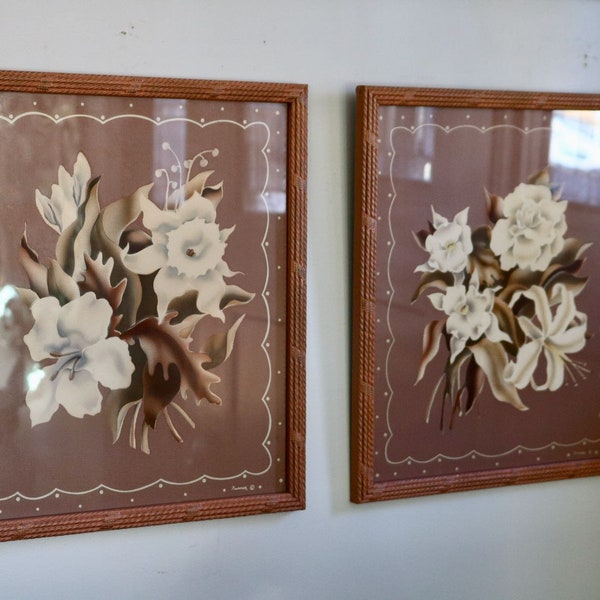 Vintage Turner Botanical Prints in Original Frames, Hollywood Regency Decor, White Lily and Rose Pictures, Iconic Mid Century Wall Art