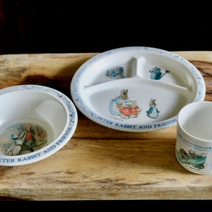Vintage Eden Peter Rabbit Dishes, 3 Piece Melamine Dish Set with Sectioned Bunny Plate, Fox & Duck Bowl, Mouse Cup, Gift for Collector