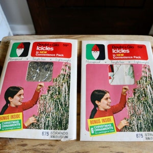 Doubl Glo Icicles and Ornaments, Vintage Christmas Tree Tinsel with punch out Paper Ornaments, Retro Holiday, Host Gift, Grannycore Kitsch