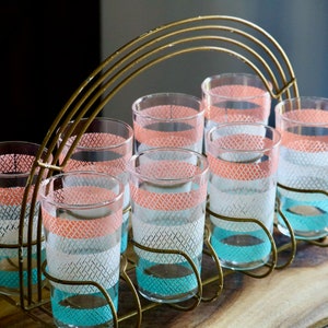 Vintage Anchor Hocking Geometric Tumblers with Carrier, Retro Kitchenalia, Pink White & Teal Drinking Glasses, Mid Century Kitchen Drinkware