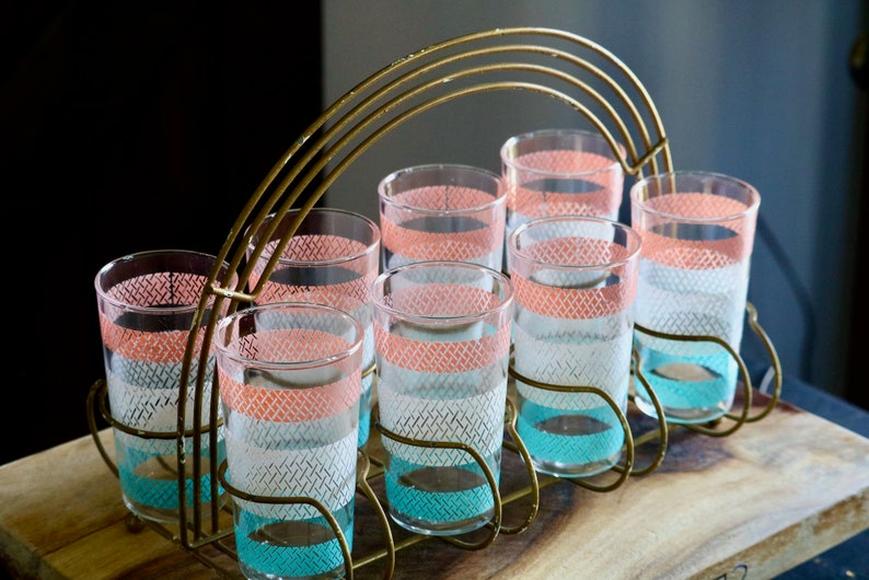 Vintage Anchor Hocking Geometric Tumblers with Carrier, Retro Kitchenalia, Pink White & Teal Drinking Glasses, Mid Century Kitchen Drinkware