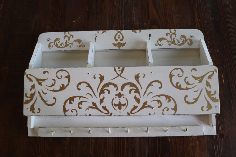 French Farmhouse Decor 3 Slot Wood Letter Organizer with 8 Key Hooks Vintage Wall Mount Mail Holder for Rustic Entryway Decor