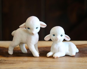 Vintage Lefton Lamb Figurines, Kitschy Spring Decor, Cute Baby Sheep with soft Pink & Blue Coloring, Hostess Gift, Grandmacore Kitsch
