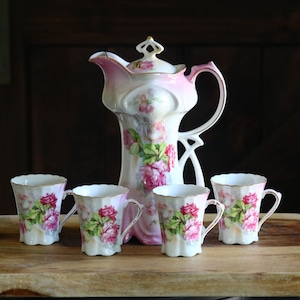 Vintage Rose Chocolate Pot, Lusterware Chocolate Set with 4 Cups, Japanese Nippon RS Prussia style Dishes, Hostess Gift, Elegant Grannycore