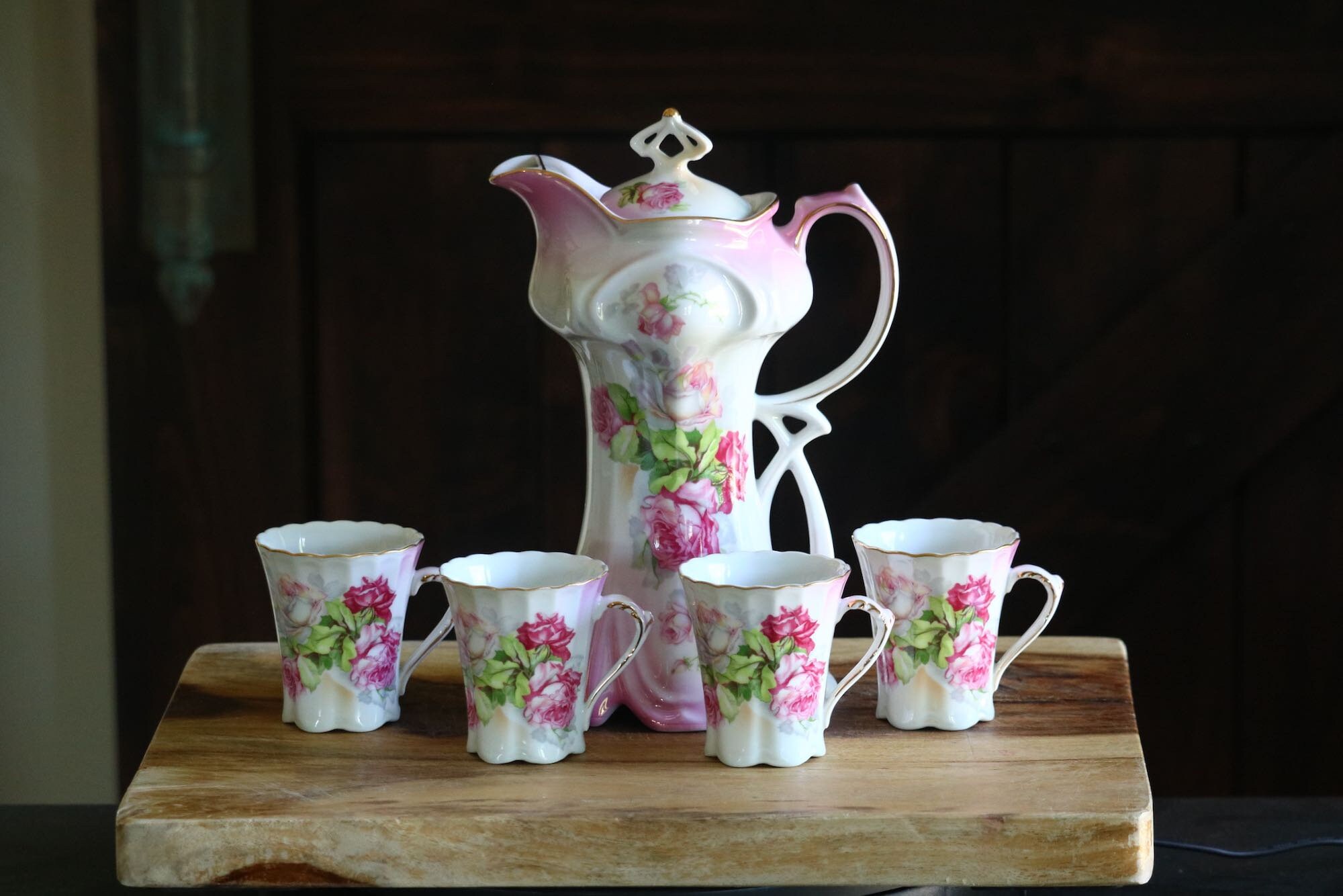 Service à Thé/théière En Porcelaine Royal Rudolstadt - Forme Chocolat, Motif Houx Et Roses - Noël