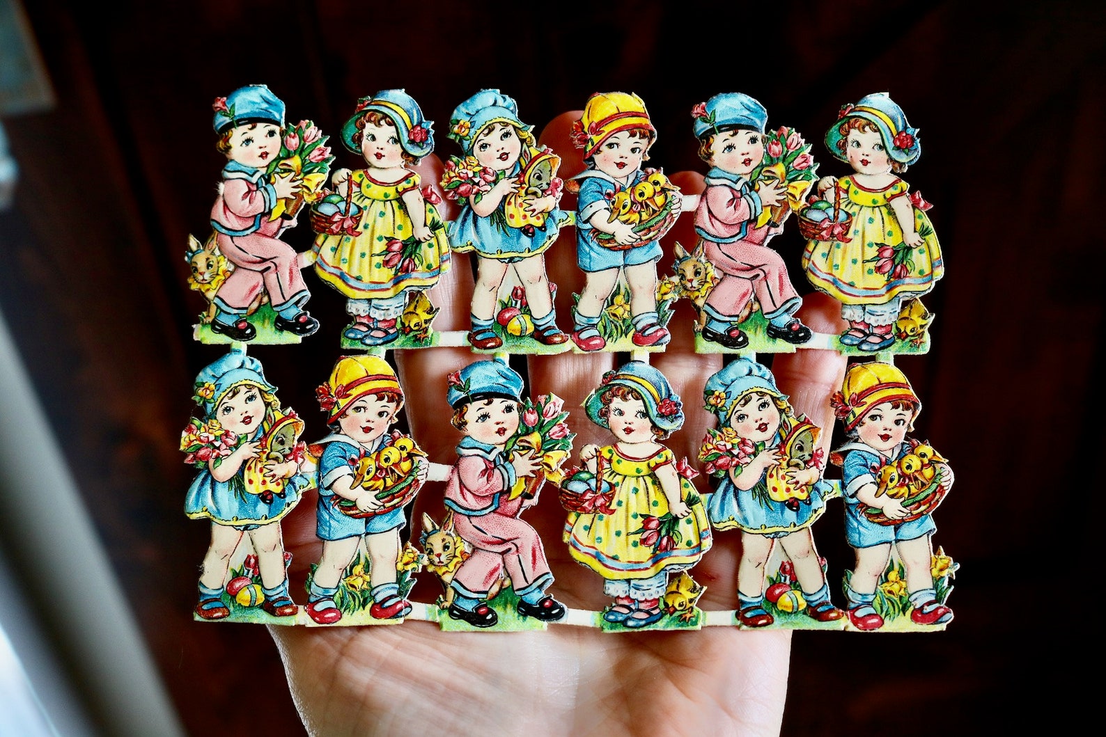 Vintage Easter Ephemera, Twelve Paper Boys and Girls with Tulips Bunnies & Chicks