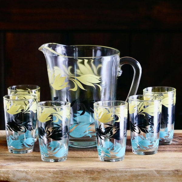 Vintage Hazel Atlas Juice Pitcher with 6 Tumblers, Retro Kitchenalia, Yellow Black & Teal Art Nouveau Drinking Glasses and Jug, Grannycore