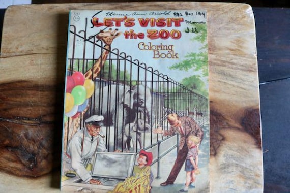 Vintage Whitman Lets Visit the Zoo Coloring Book, 1958 Kitschy Color Book with drawings of Animals & People, Collector Gift, Grannycore, NOS
