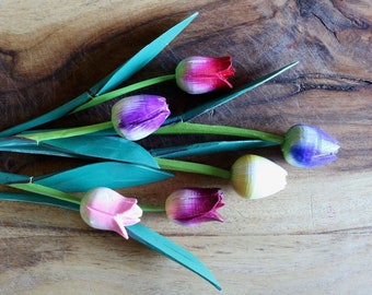 Six Vintage Wooden Tulips, Spring Centerpiece Decor, Wood Flower Bouquet, Fun Entryway Decor, Gift for Hostess, Cute and Cheery