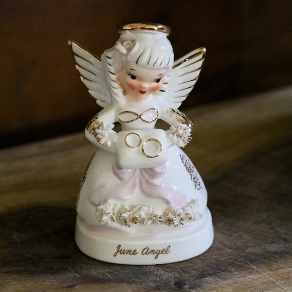 Angel Figurine for June Birthday, Vintage Angel Holding Wedding Rings for June Bride, Birthday Gift for Bride to Be, Retro Nightstand Decor