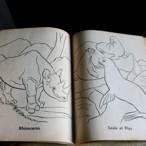 May include: Open book with black and white illustrations of animals. One page shows a rhinoceros with the word "Rhinoceros" below. The other page depicts seals with the text "Seals at Play".