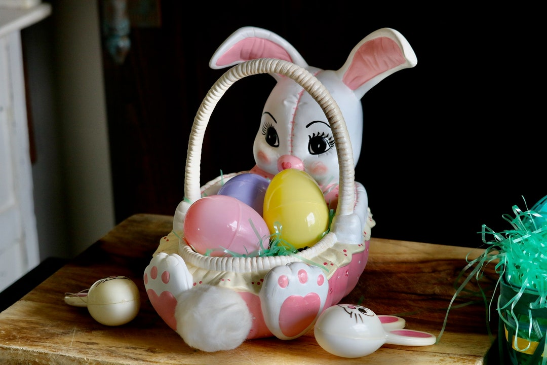 Vintage Ceramic Easter Bunny Basket, Kimple Rabbit Basket for Holding ...