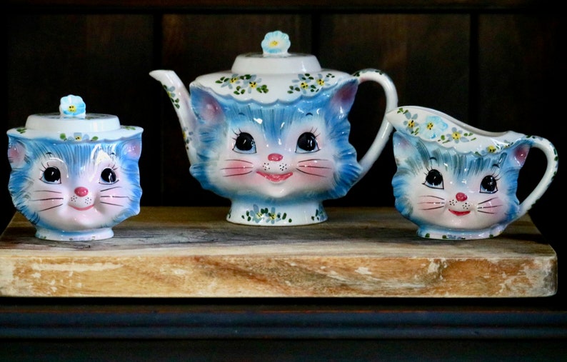 Kitten Teapot Sugar and Creamer Vintage Lefton Miss Priss Tea Etsy