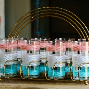 Vintage Anchor Hocking Geometric Tumblers with Carrier, Retro Kitchenalia, Pink White & Teal Drinking Glasses, Mid Century Kitchen Drinkware