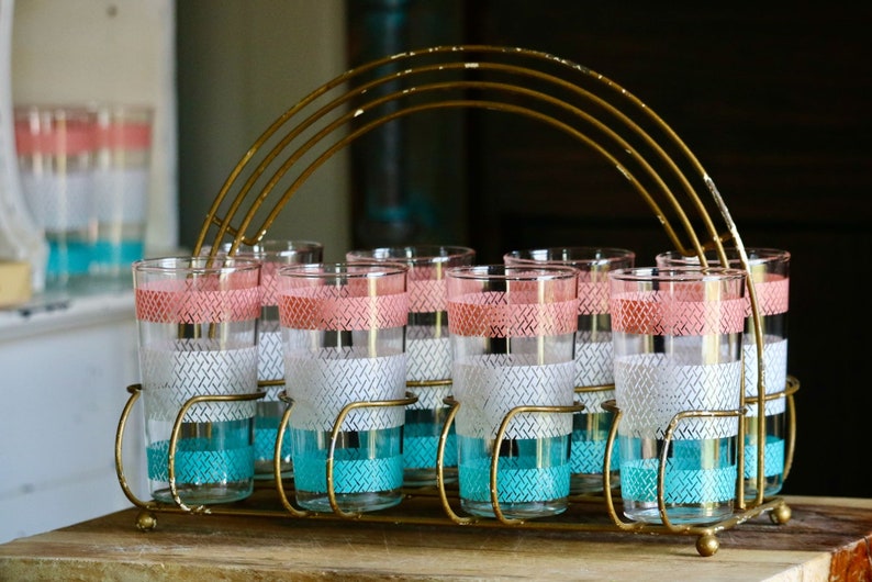 Vintage Anchor Hocking Geometric Tumblers with Carrier, Retro Kitchenalia, Pink White & Teal Drinking Glasses, Mid Century Kitchen Drinkware