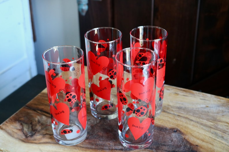 Gift for Ladybug Lover Spring Kitchen Anchor Hocking Clear and Red Glasses 4 Lady Bug and Heart Tumblers for Vintage Valentine Day Decor