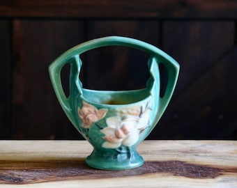Vintage Roseville Magnolia Basket, Elegant Spring Decor, Floral Basket Vase with Handle, Ceramic Plant Holder, Collector Gift, Grannycore