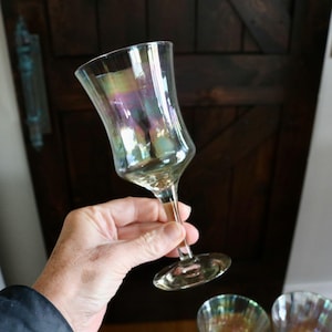 Vintage Ribbed Iridescent Water Goblets, Elegant Tableware, 6 Optic Drinking Glasses, Paneled Iridized Stemware, Hostess Gift, Wine Glasses