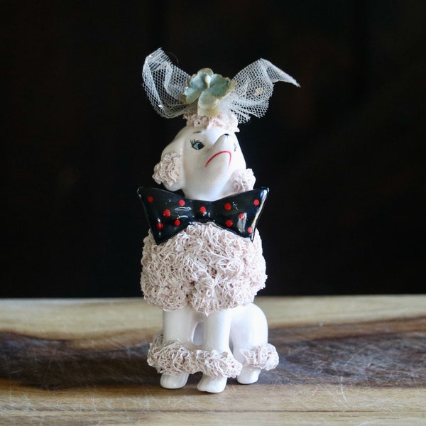 Vintage Pink Spaghetti Poodle Figurine, Cute and Kitschy Spring Decor, Snooty Poodle Dog with Black Polka Dot Bow, Grannycore Kitsch, REPAIR