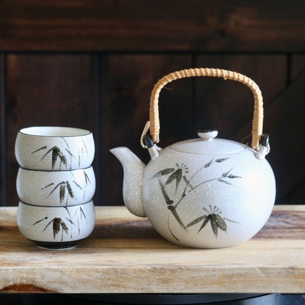 Vintage Japanese Teapot with Rattan Handle and 3 Cups, Chunky Textured Ceramic Teapot with Bamboo Design, Tea Drinker Gift, Traditional Set