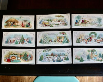 Vintage Christmas  Cards with Glitter, 10 NOS Holiday Ephemera, Rural Snowy Scenes, Santa, Deer, Church, Horse Sleigh, Barn, NO ENVELOPES