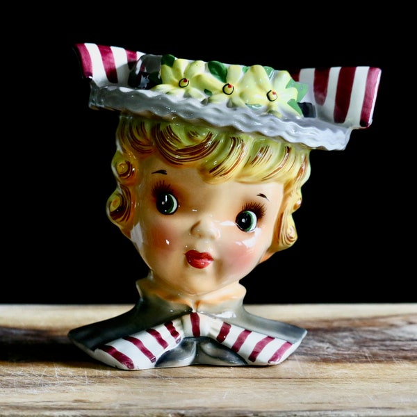 Vintage Lady Head Vase, Kitschy Spring Decor, Bougie Blond Girl Vase with Daisy Hat & Striped Bows, Grannycore Kitsch, Hostess Gift, CHIP