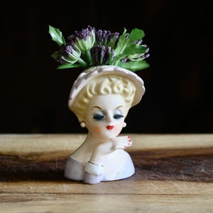 Small Vintage Inarco Lady Head Vase, Elegant Vanity Decor, Beautiful Blond Woman Planter wearing Hat & Earrings, Collector Gift, RESTORED