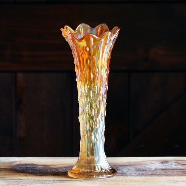 Vintage Fenton Carnival Glass Vase, Bougie Fall Entryway Decor, Iridescent Marigold Tree Trunk Vase, Host Gift, Elegant Grannycore