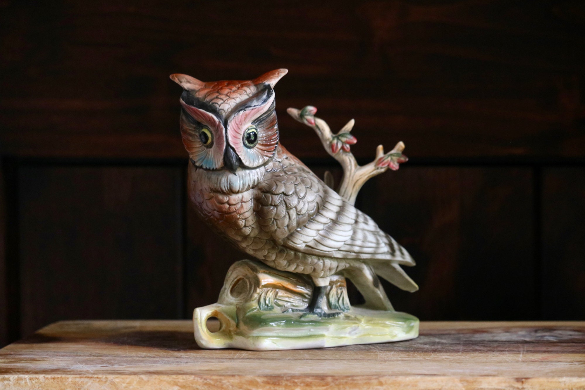 Large Vintage Enesco Owl Figurine, Kitschy Fall Mantel Decor, Great Horned Owl on Branch, Collector