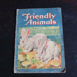 May include: Vintage children's book titled "Friendly Animals." The cover features illustrations of two white rabbits with pink ears and red eyes, along with yellow chicks. The title is in red and white lettering against a blue background.