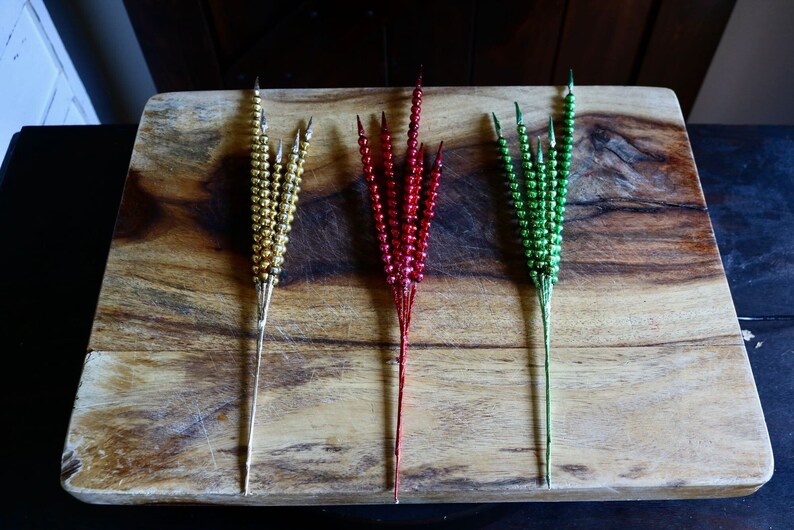 Mercury Glass Bead Picks, Vintage Christmas Decor, Gold Green & Red