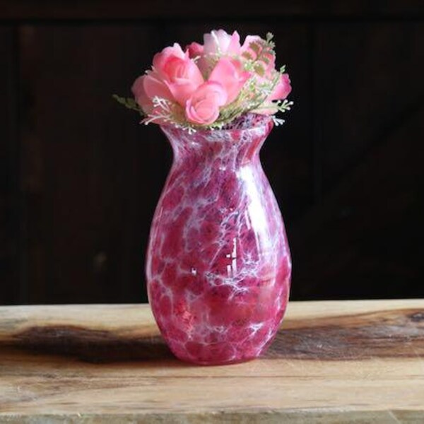 Vintage Cranberry Glass Vase, Elegant Home Decor, 6 1/2 Hand Blown Spatter Glass Vase, Collector Gift, Cottagecore Charm, Spring Centerpiece