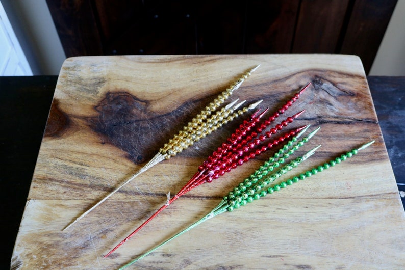 Mercury Glass Bead Picks, Vintage Christmas Decor, Gold Green & Red