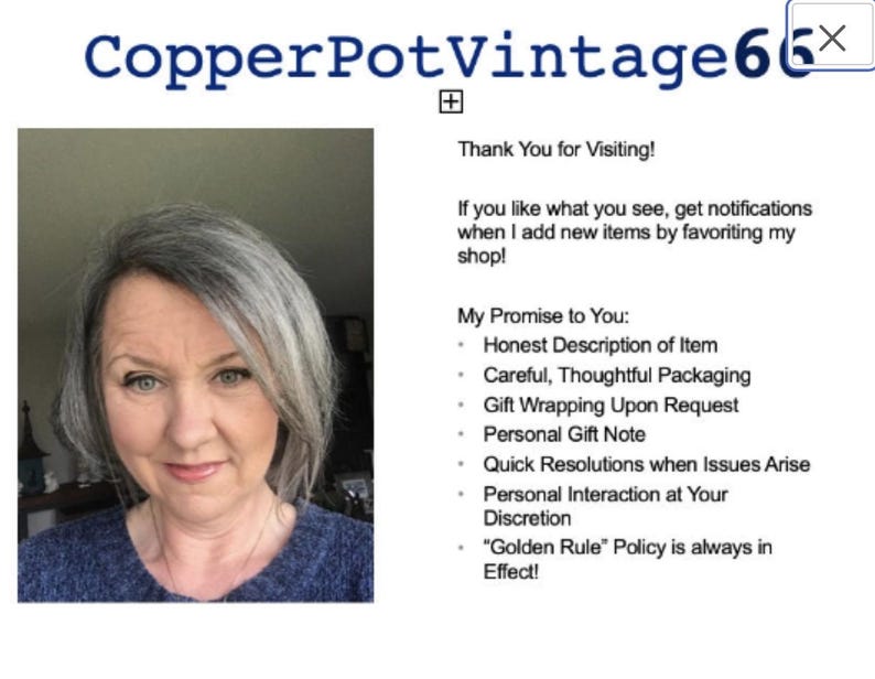 May include: The image features a woman with gray hair and blue eyes. The text at the top reads "CopperPotVintage66". Additional text includes "Thank You for Visiting!" and a list of promises, such as "Honest Description of Item."