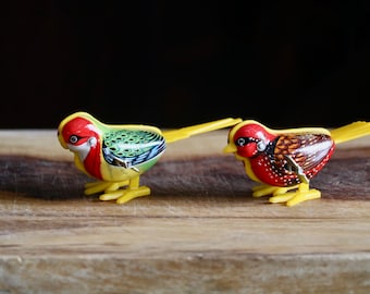 Vintage Mikuni Hopping Bird, CHOOSE ONE! Red Bird with Brown Wings, Parrot with Green Wings, Wind up Toy, Jumping Tin Bird, Collector Gift