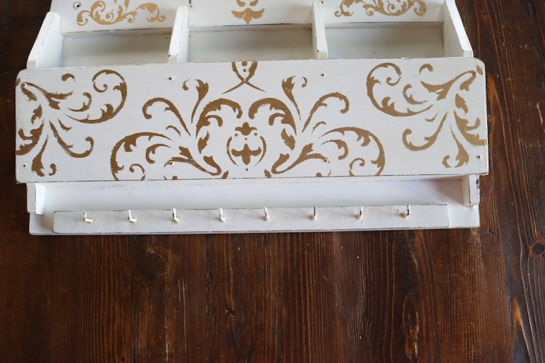 French Farmhouse Decor 3 Slot Wood Letter Organizer with 8 Key Hooks Vintage Wall Mount Mail Holder for Rustic Entryway Decor