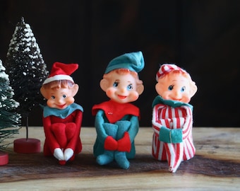 Knee Hugger Elf Figurine, Vintage Christmas Decor, CHOOSE Green Elf, Red Elf or Striped Elf, Cute Pixie Ornament, Collector Gift, Grannycore