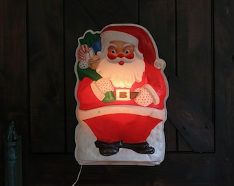 Kitschy Plastic Electrified Santa Wall Hanging, Vintage Christmas Decor, Large flat back Santa Blow Mold with Toy Sack, Grannycore Kitsch