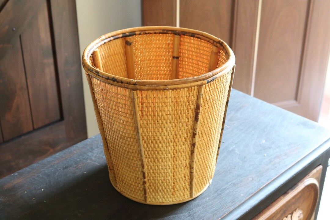 Vintage Rattan Waste Basket Natural Woven Fiber Trash Can Etsy