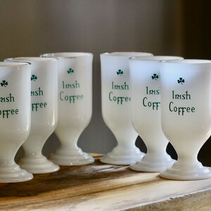 Vintage Milk Glass Irish Coffee Mugs, St Patricks Day Dishes, 6 Cute Footed Pedestal Cups with Gold Rims and Shamrocks, Gift for Collector