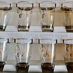 Vintage Libbey Tumblers, Retro Bar Drinking Glasses, Hostess Set of 8 Numbered Highball Glasses w Gold Trim, Elegant Barware, Collector Gift