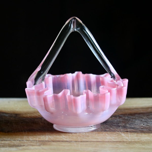 Small Vintage Pink Glass Basket, Bougie Spring Decor, Pink Opalescent Snowflake Shaped Basket with Tented Handle, Hostess Gift, Grannycore