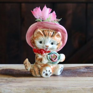Vintage Lefton Cat Planter, Kitschy Cute Spring Decor, Striped Kitten in Pink Bonnet holding Rose Basket, Collector Gift, Grannycore Kitsch