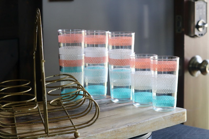 Vintage Anchor Hocking Geometric Tumblers with Carrier, Retro Kitchenalia, Pink White & Teal Drinking Glasses, Mid Century Kitchen Drinkware