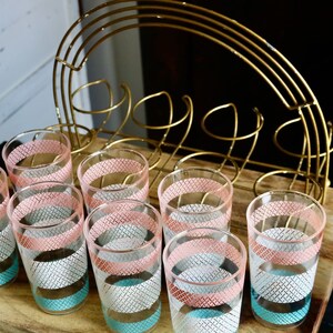 Vintage Anchor Hocking Geometric Tumblers with Carrier, Retro Kitchenalia, Pink White & Teal Drinking Glasses, Mid Century Kitchen Drinkware